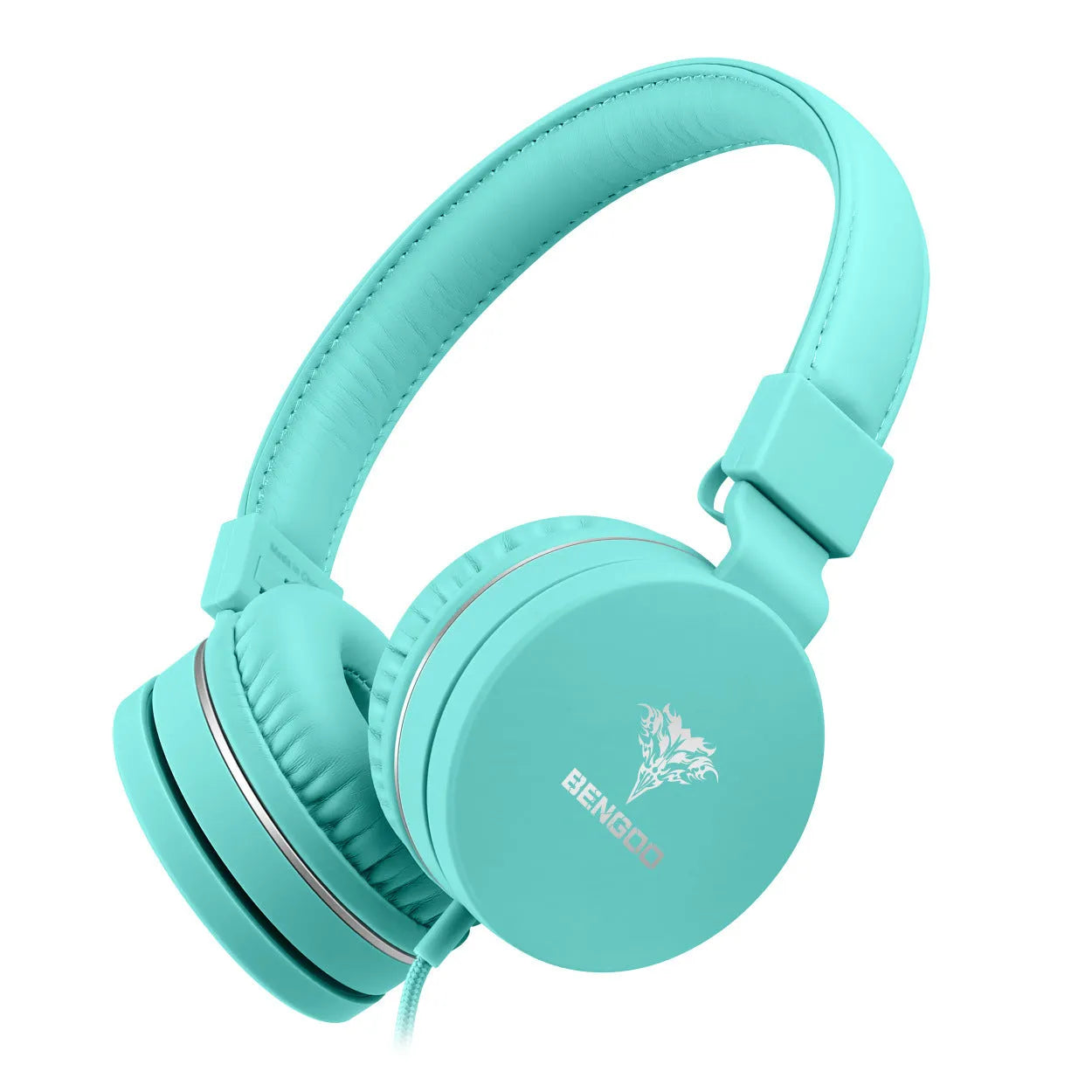 BENGOO C30 wired over-ear headphones with microphone in mint green, showing braided cable and protein ear cushions.