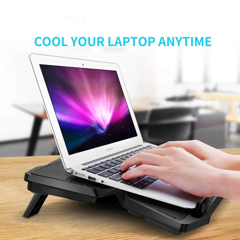 Blue laptop cooling pad with four illuminated fans and two control switches on the front.