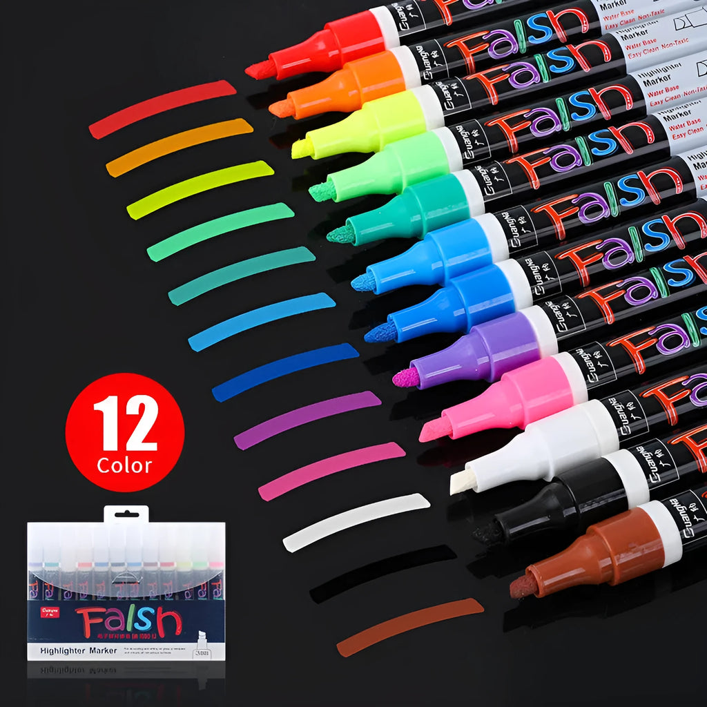 Refillable fluorescent board pen with 6mm chisel tip and pressure valve design in plastic shell