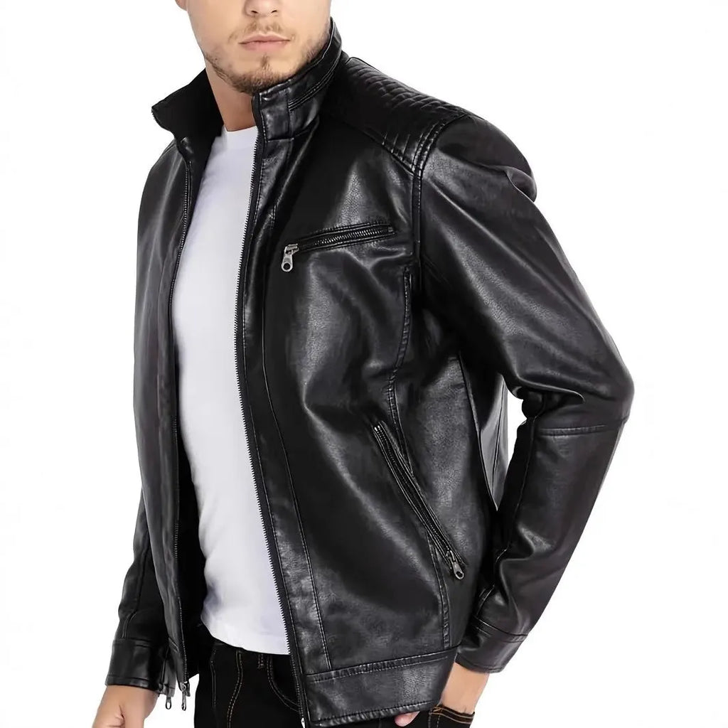 Men's brown artificial leather punk motorcycle jacket with stand collar and patch pocket.
