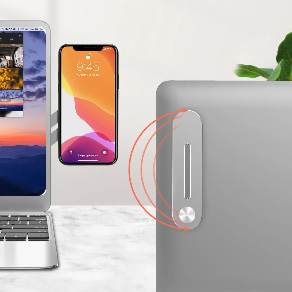 Aluminium alloy laptop side mount bracket holding a smartphone, shown in silver, black, and rose gold colours.