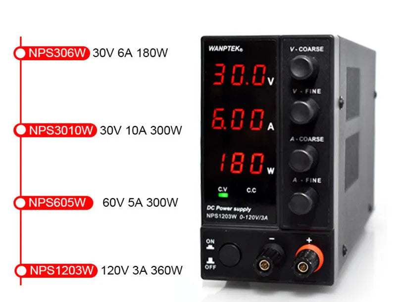 White adjustable DC bench power supply unit with control knobs and display, model NPS605W