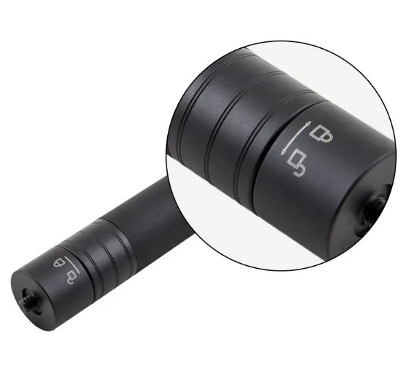 Black retractable aluminium selfie stick with hand-held stabiliser grip holding a smartphone.