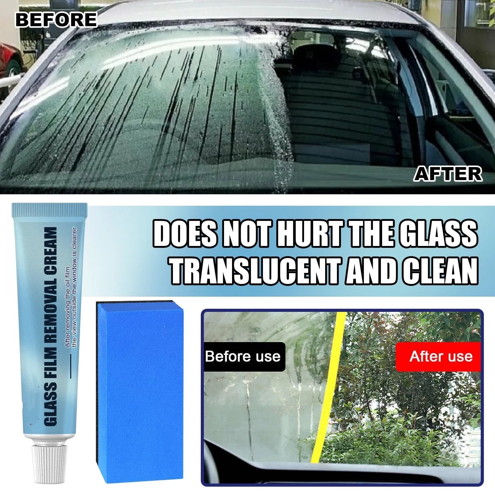 Blue car window oil film remover with a soft sponge brush for decontaminating windshields.