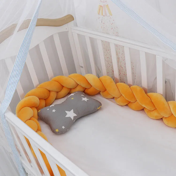 Braided knot crib bumper cushion in spandex velvet protecting infant cot sides