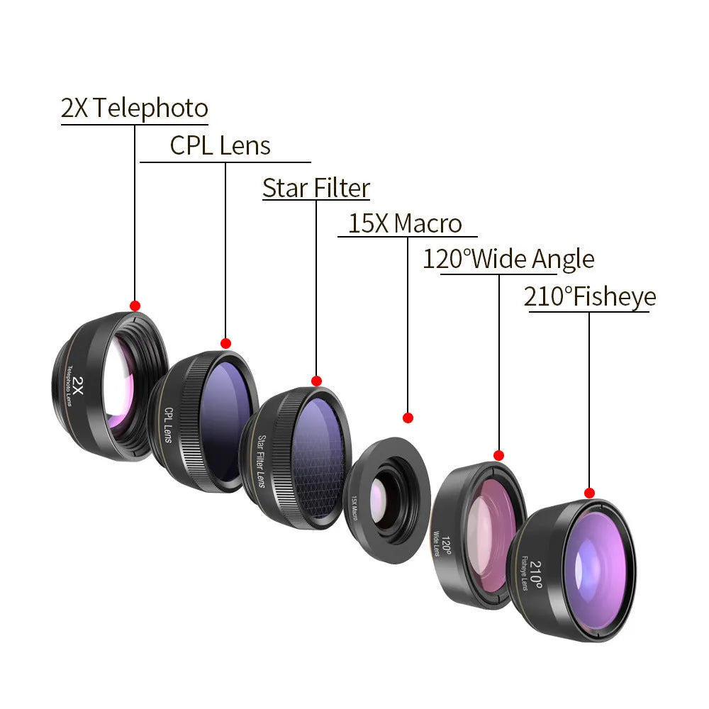 Black 6 in 1 smartphone camera lens kit with fisheye, macro, wide angle, telephoto, CPL and star filter lenses on a universal clip.