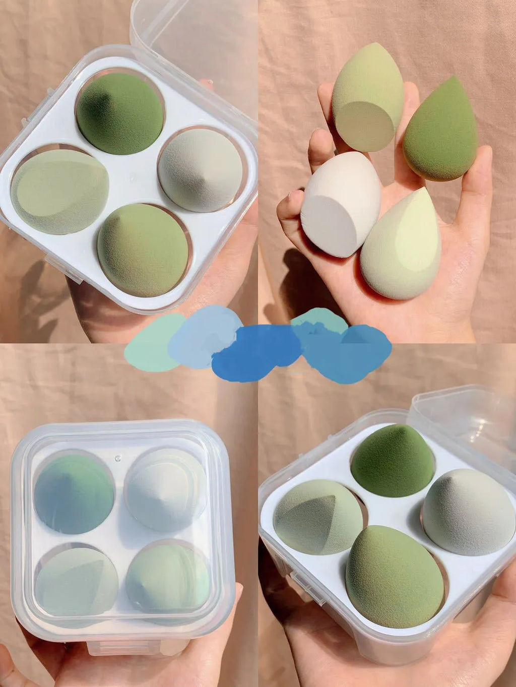 Set of four coloured makeup egg sponges (grape, mango, mint, peach) shown next to a 6cm cube for scale.