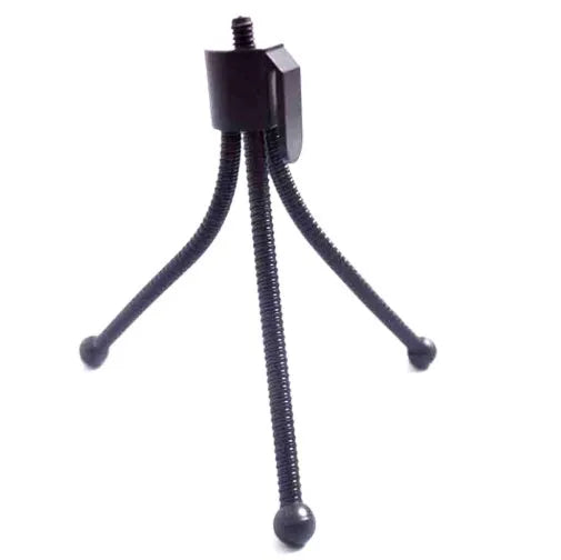 Small black iron frame mini tripod with ball head, shown folded and extended next to a smartphone.