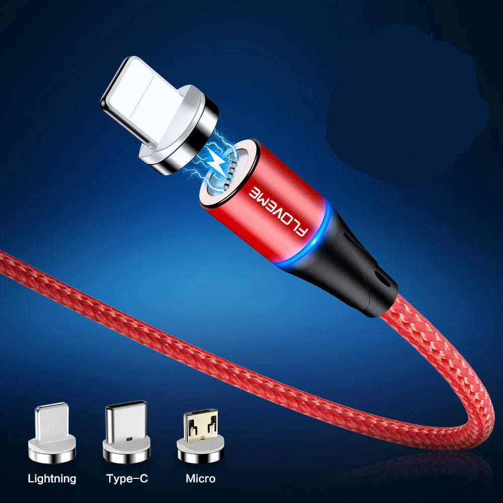 3A fast charge magnetic data cable with LED indicators in black, red, or silver colours