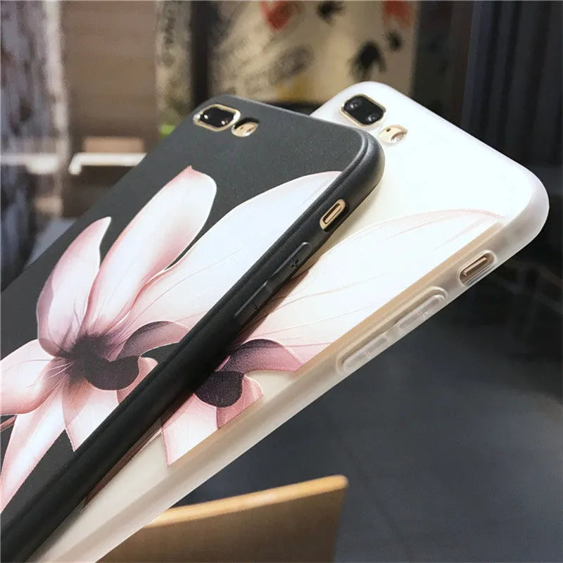 Embossed floral TPU phone case in black with colour-matching buttons for iPhone models