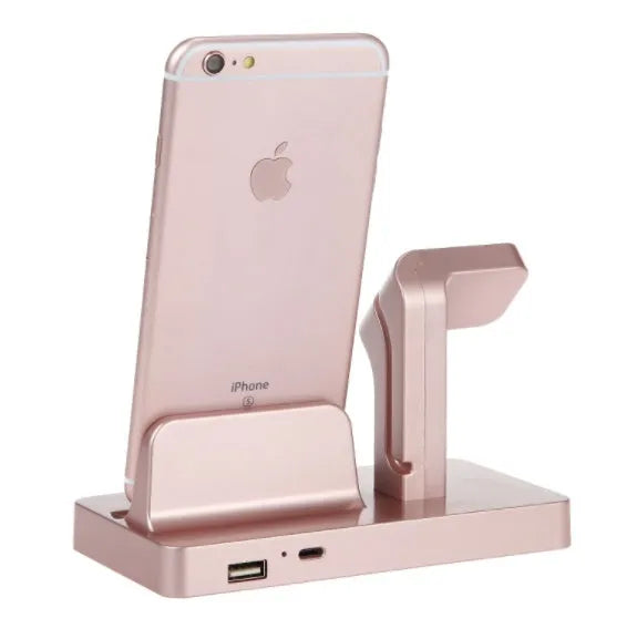 White 2 in 1 desktop charging dock station holding an iPhone and an Apple Watch upright.