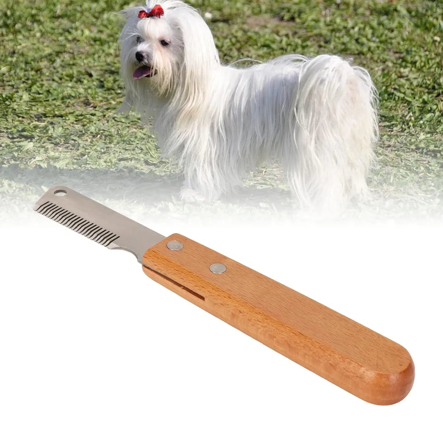 Pet stripping comb with wood handle for removing floating hair and mats from dogs and cats.