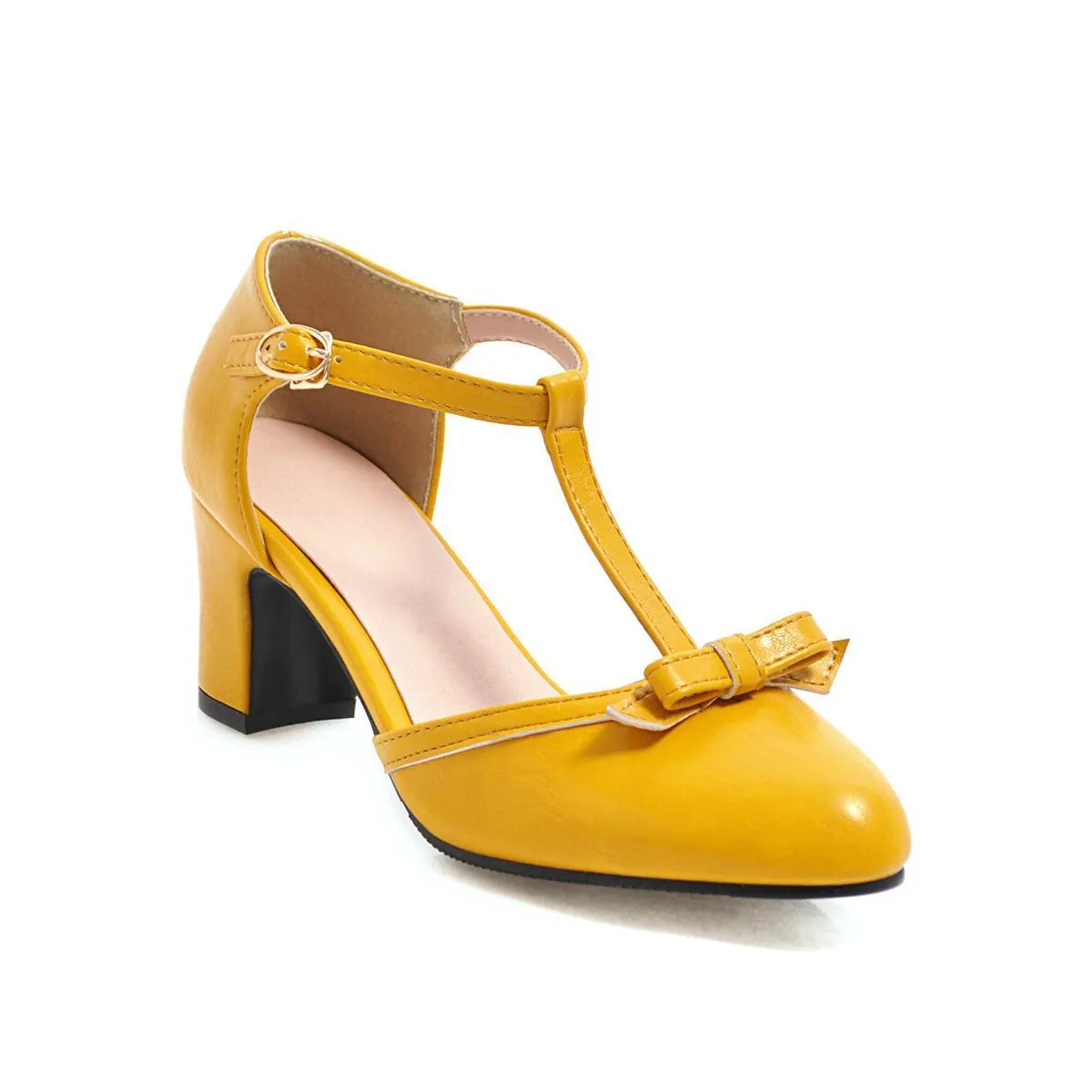 Women's solid colour sandals with chunky heel, hollow out pattern, and a bow tie on the strap.