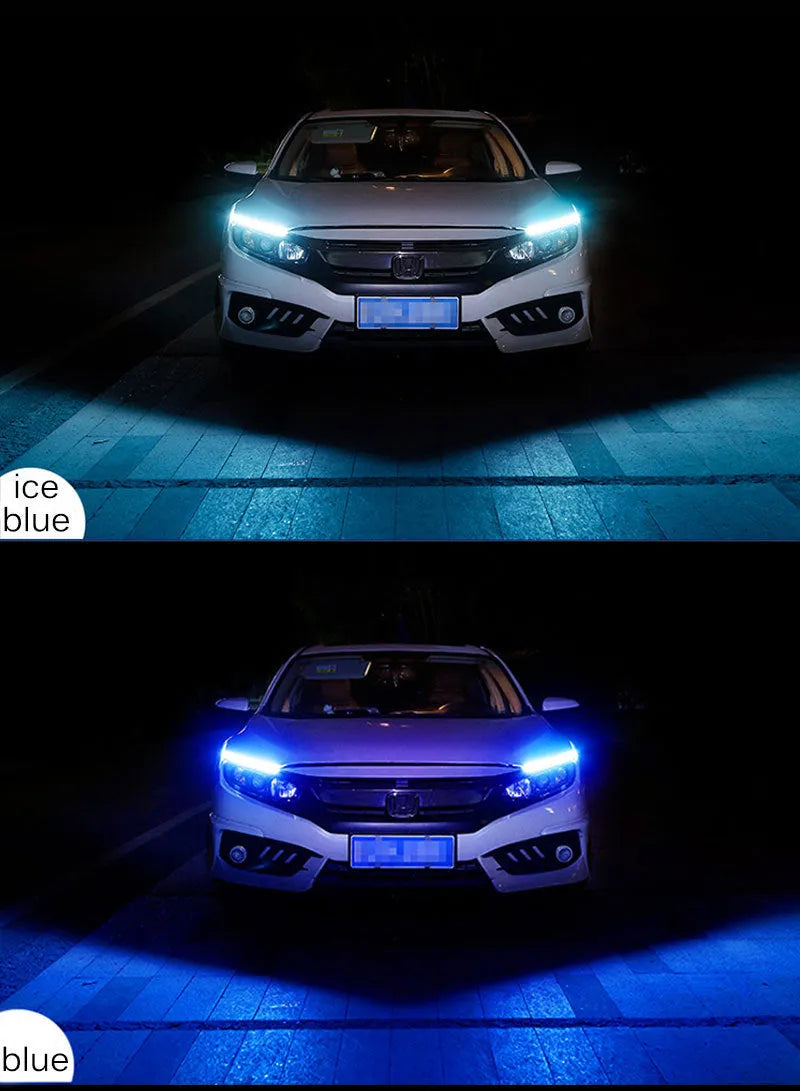 Blue and yellow LED car light strip installed on a vehicle headlight
