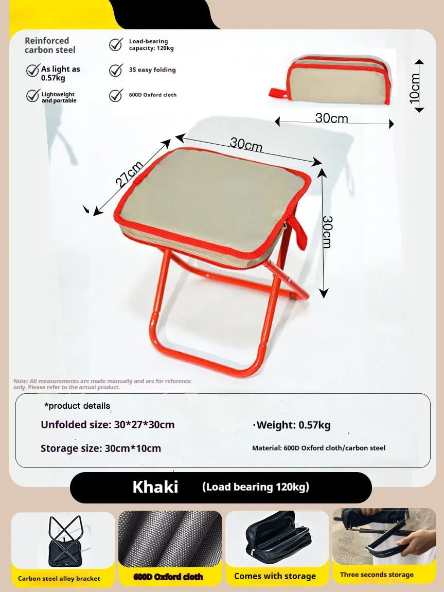 Foldable camp stool in pencil box design with oxford cloth construction shown in khaki colour
