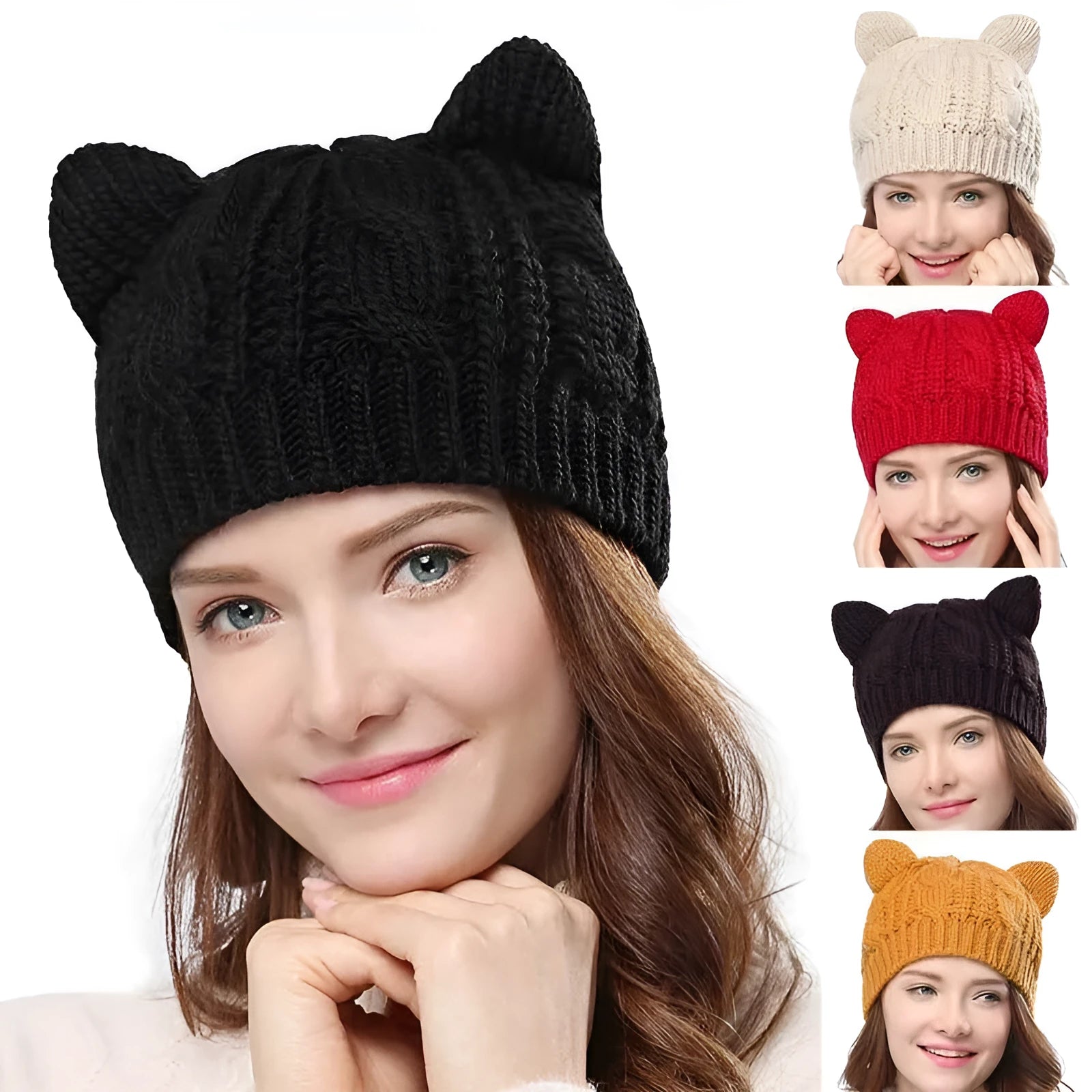 Hand knitted wool beanie hat with 3D cat ears in red black beige and yellow for winter warmth