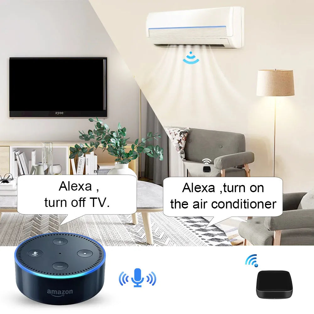 Black voice control universal infrared remote with WiFi connectivity for smart home devices