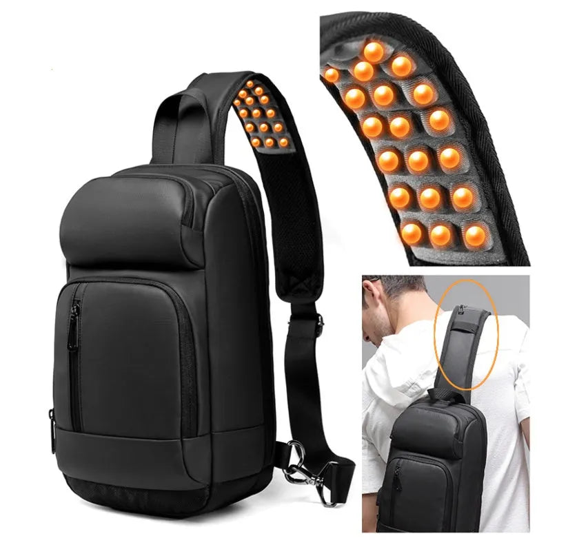 Black medium PVC outdoor shoulder bag showing air cushion strap, soft handle, and internal organiser pockets.
