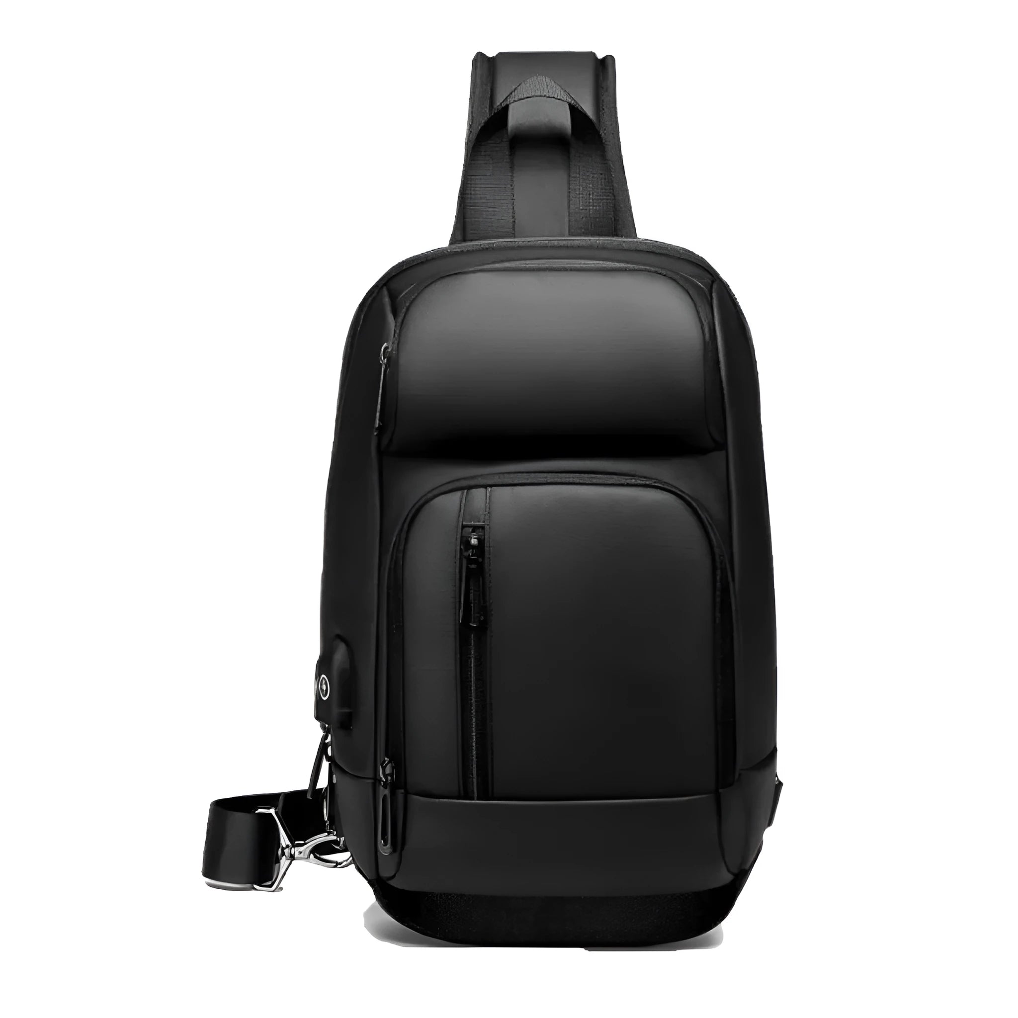 Black medium PVC outdoor shoulder bag showing air cushion strap, soft handle, and internal organiser pockets.