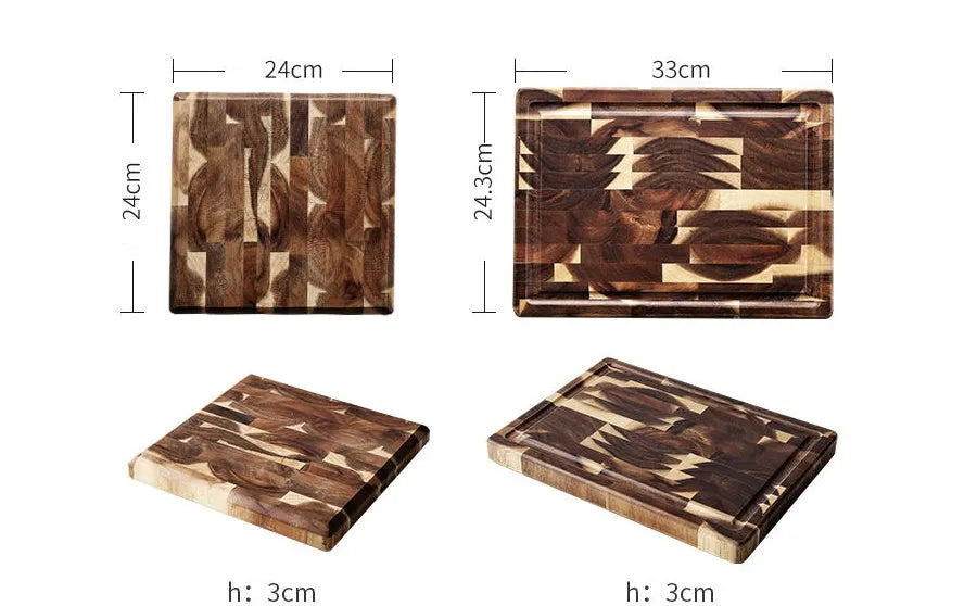 Brown solid acacia wood chopping board with 3cm thickness on a kitchen countertop