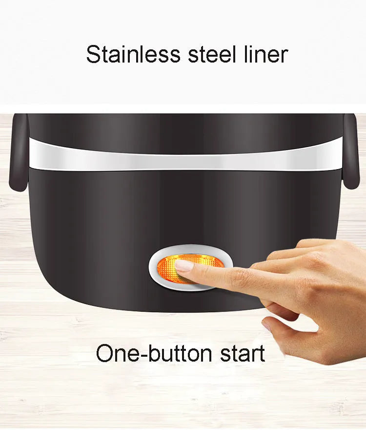 Multi-function lunch box with USB cable showing two-layer and three-layer capacity options