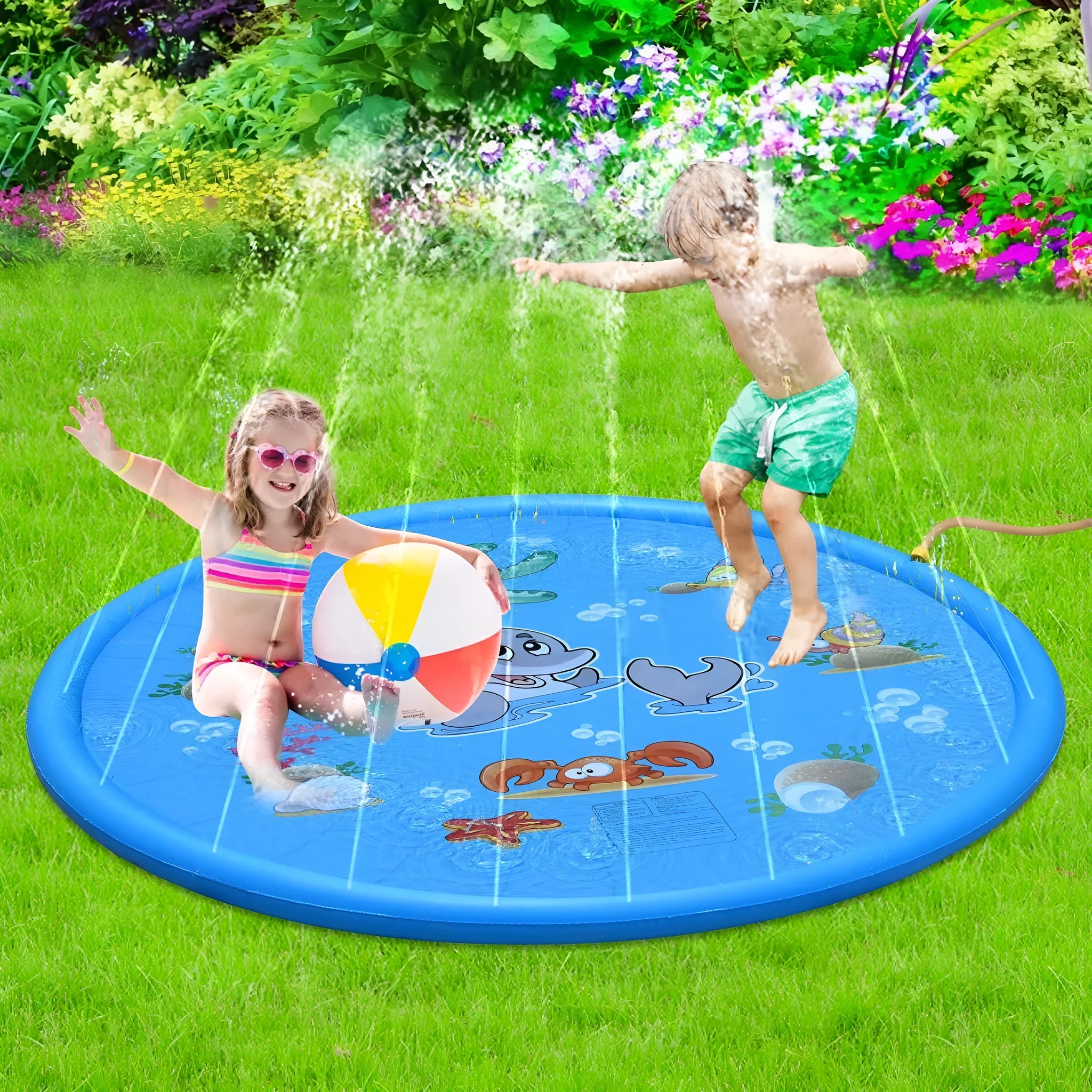 Blue PVC children's water spray mat with marine animal prints connected to garden hose