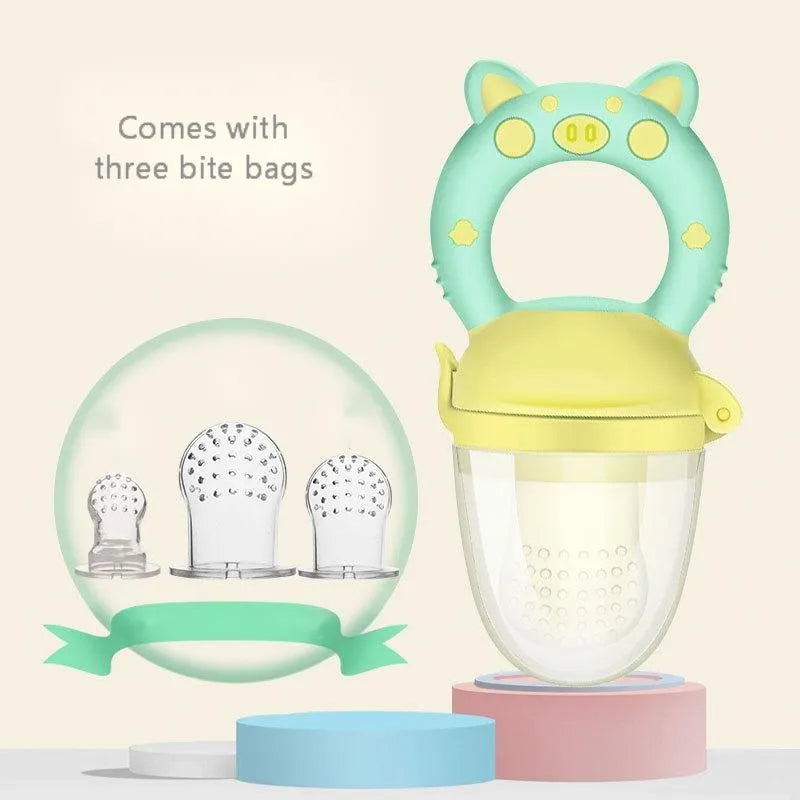 Silicone baby teether chew toy in blue, green, or pink colours with textured mouthpiece design