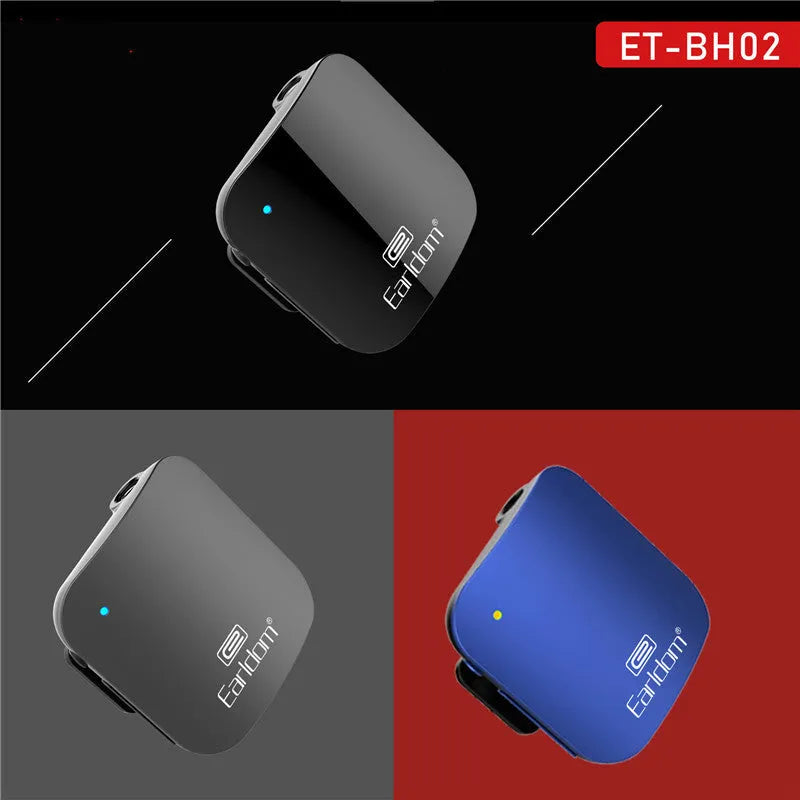 Black Bluetooth audio receiver with lavalier microphone for wireless calls and music.
