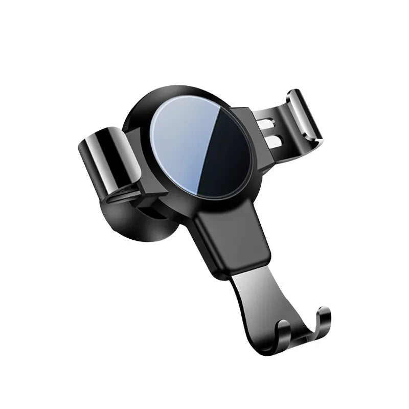 Black S4 gravity mobile phone bracket clipped onto a car air conditioning vent, holding a smartphone.