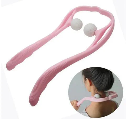 Manual neck and shoulder massager with adjustable stand and 3D floating-point rollers in pink, blue, and green colours.