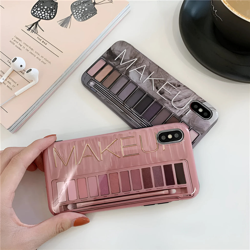 Silicone iPhone case with printed eye shadow colour palette design in flesh colour.