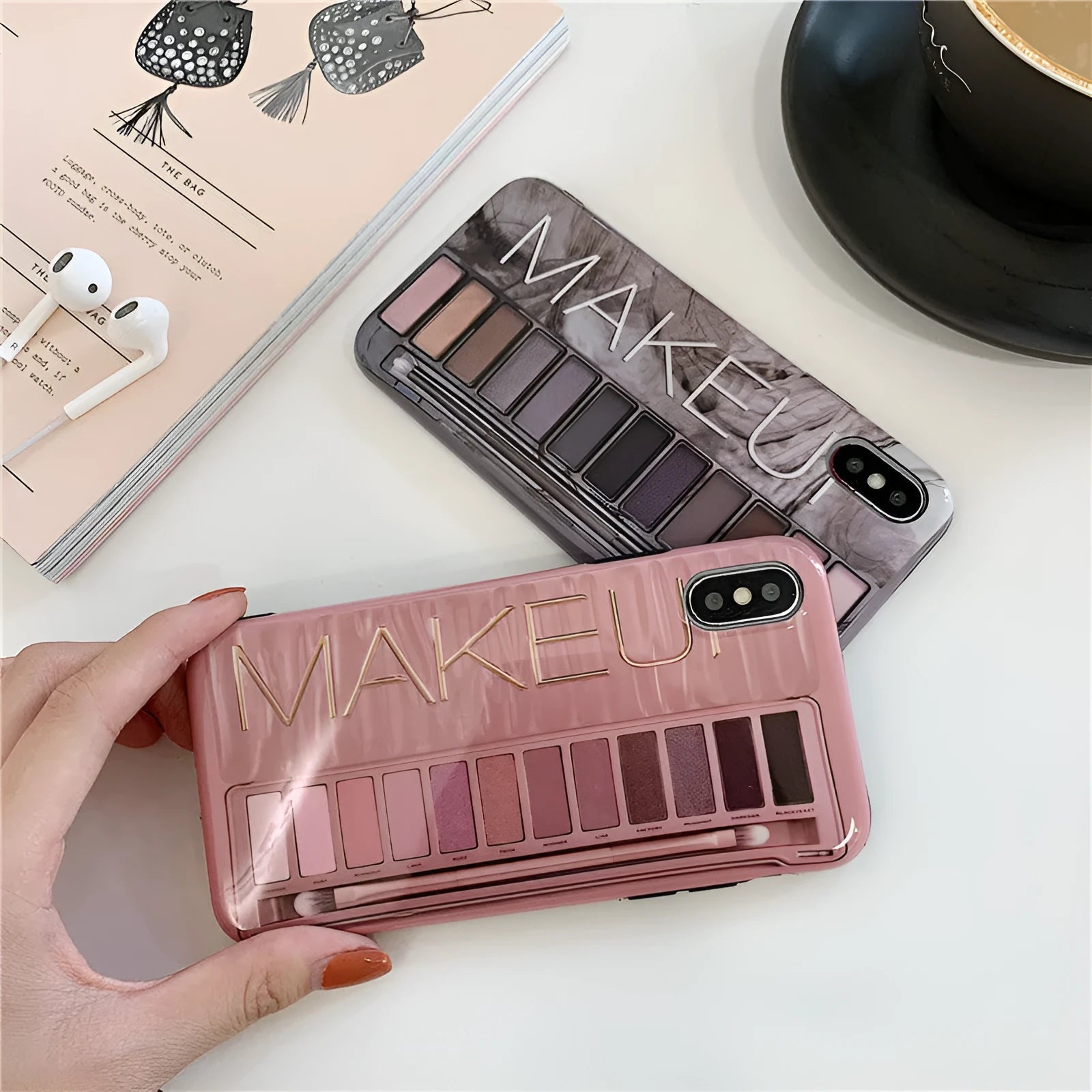 Silicone iPhone case with printed eye shadow colour palette design in flesh colour.
