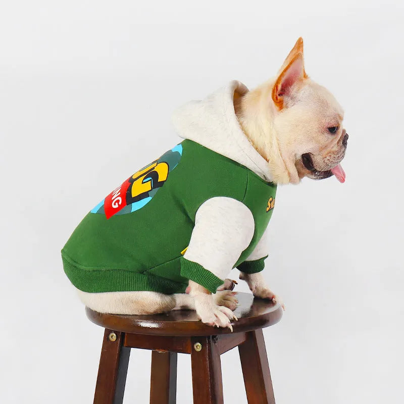 Green cotton dog jumper for large breeds, shown in sizes from L to 4XL.