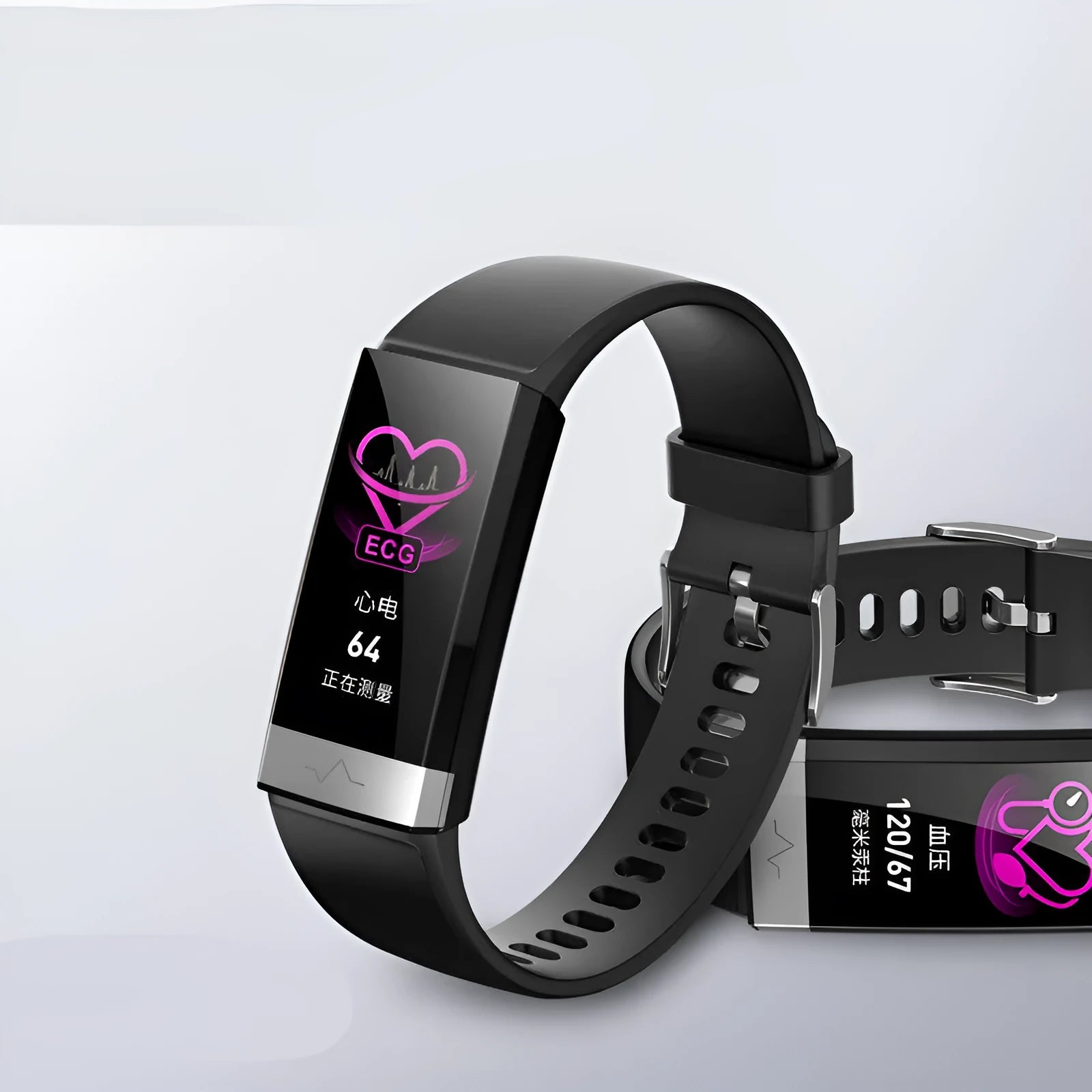V19 smart bracelet with colour touchscreen showing health metrics on black TPU wrist strap