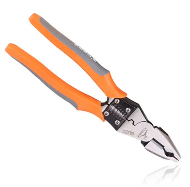 Orange multi-function wire cutter pliers with textured PVC handles and chrome steel jaws.
