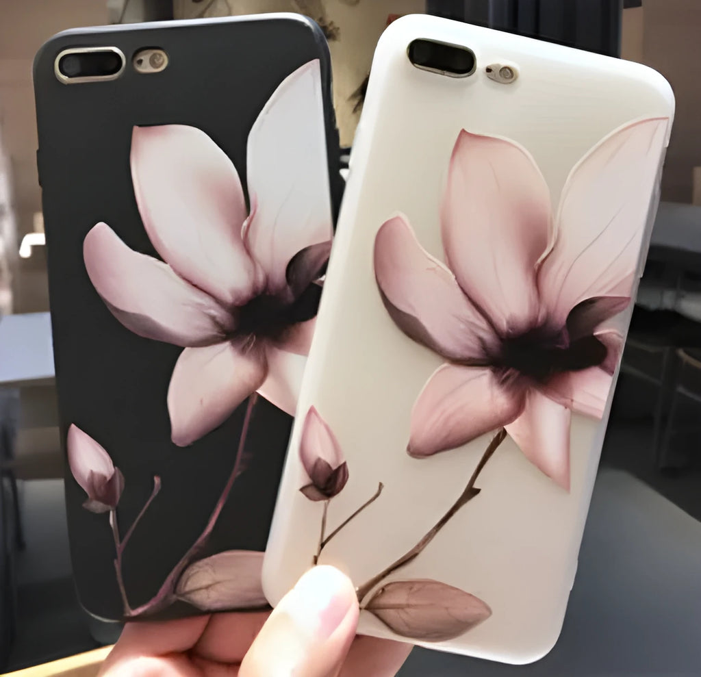 Embossed floral TPU phone case in black with colour-matching buttons for iPhone models