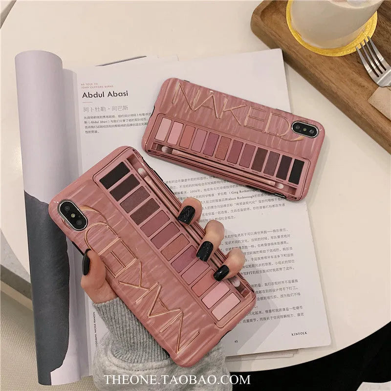Silicone iPhone case with printed eye shadow colour palette design in flesh colour.