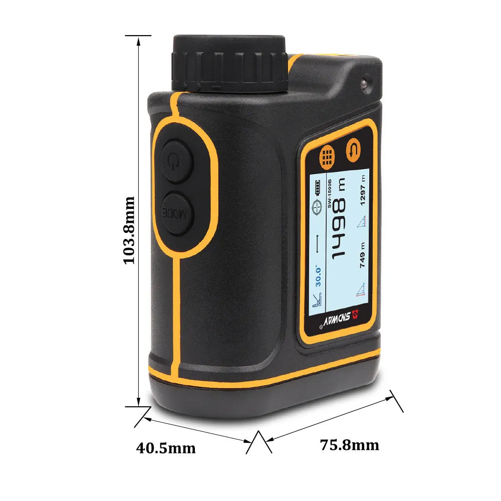 Handheld golf rangefinder device showing compact design for outdoor distance measurement