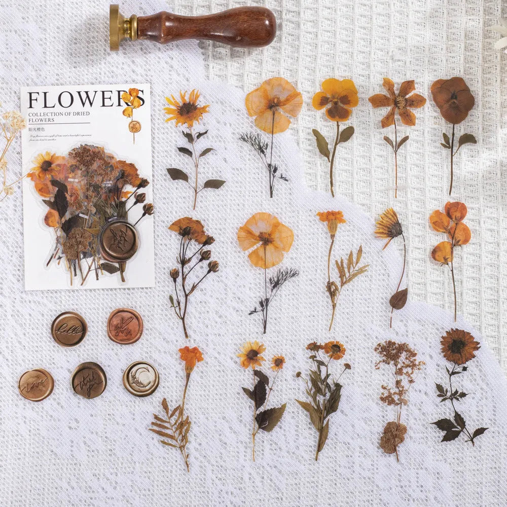 Creative dried flowers journal decoration sticker package showing 8 modern art styles on PET material, 70mm x 70mm size