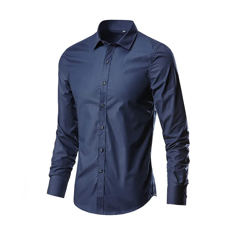 Men's loose-fit long-sleeve linen shirt in black, shown on a model.