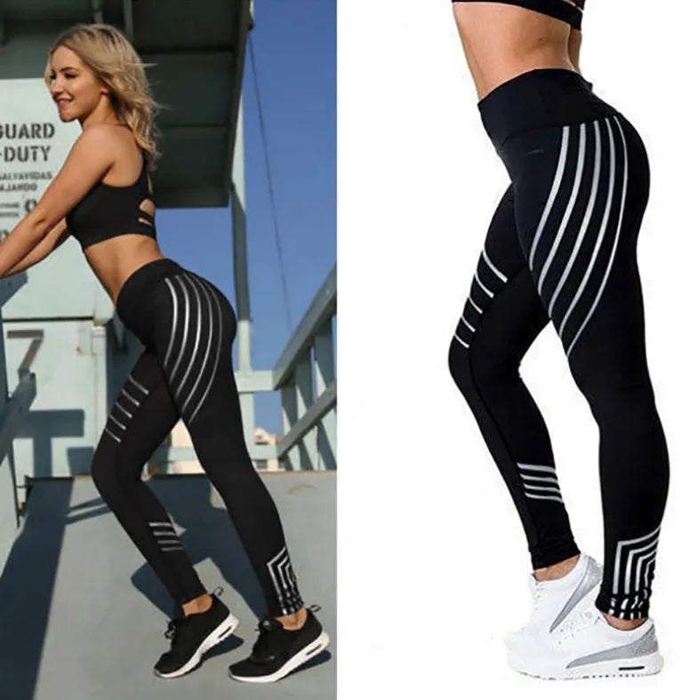 Women's black and white glow-in-the-dark fitness leggings with slim-fit pencil pants design