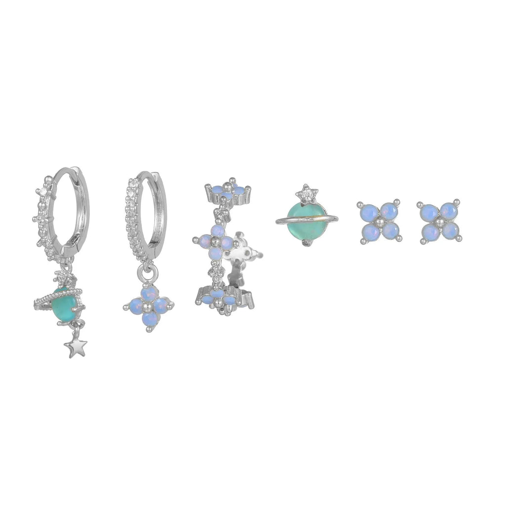 Flower design ear studs with zircon mosaic detail in gold and silver colours