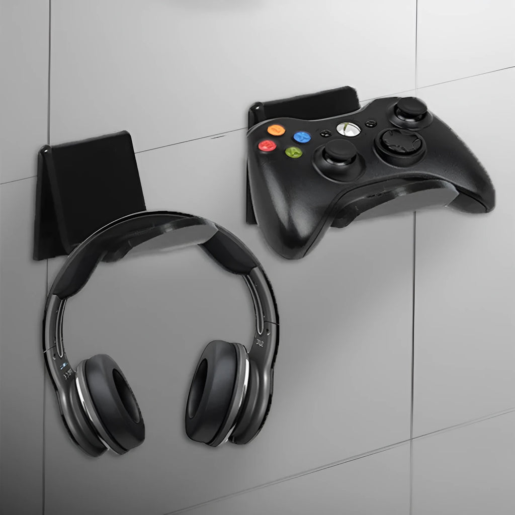 Universal plastic wall mount bracket for game controllers in black, white and transparent colours.