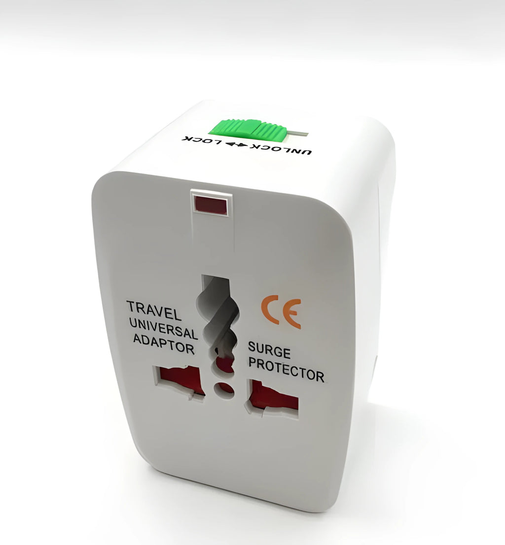 Universal travel plug converter showing compact design with conversion pins for international sockets