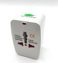 Universal travel plug converter showing compact design with conversion pins for international sockets