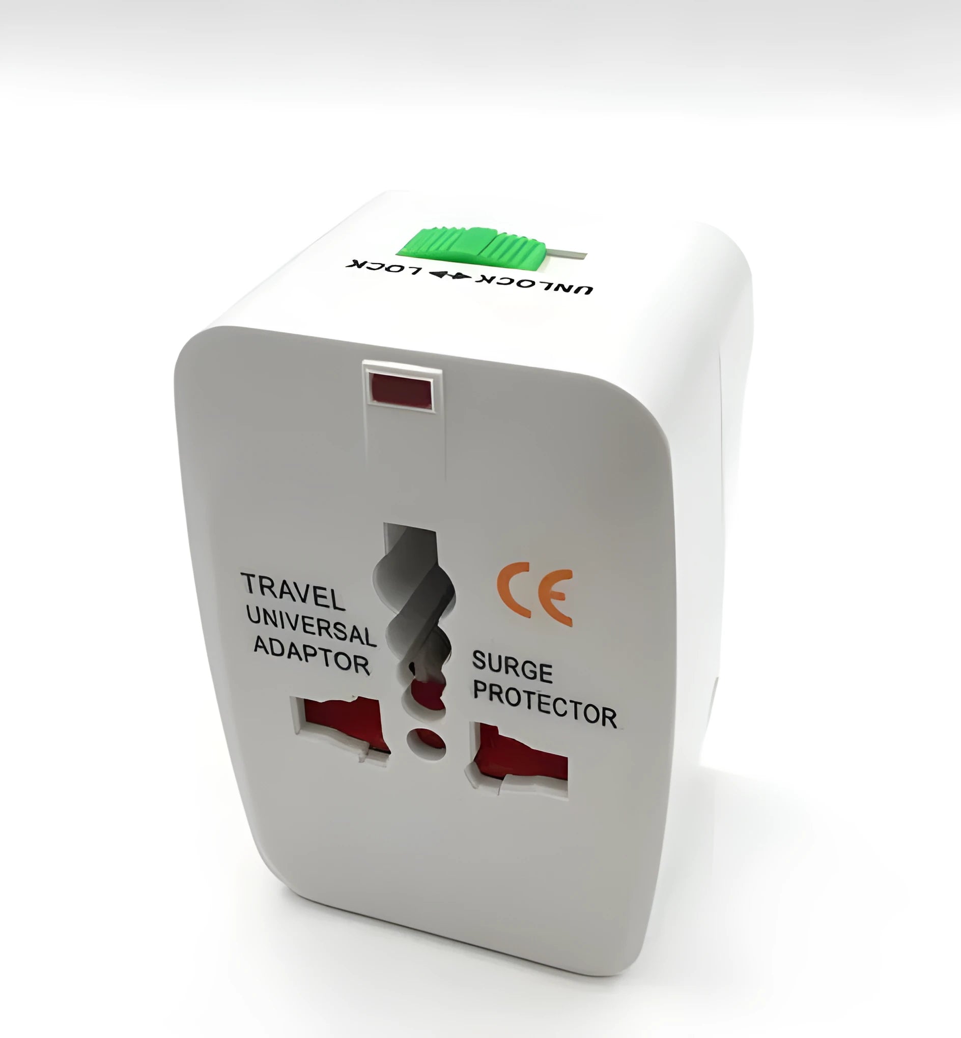 Universal travel plug converter showing compact design with conversion pins for international sockets