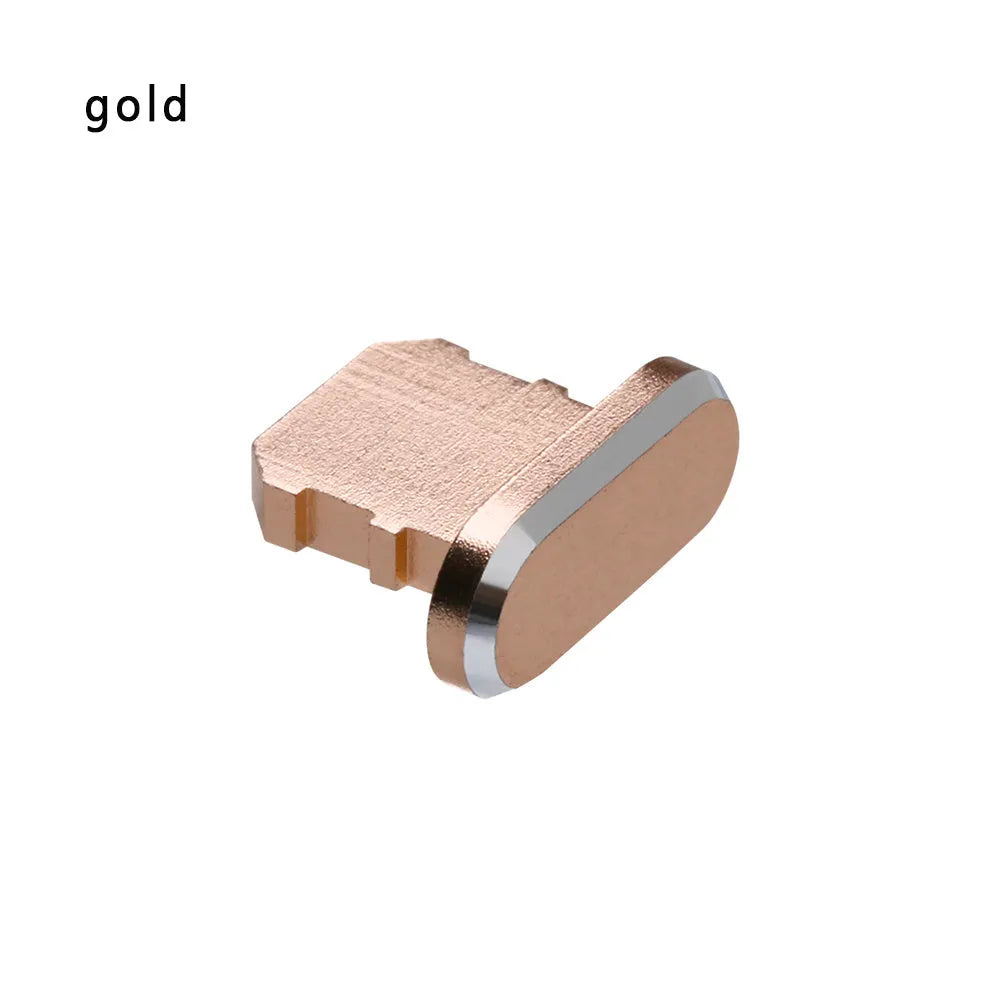 Aluminium alloy dust plug for iPhone charging port in various colours including gold, silver, and rose gold.