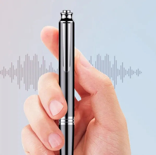 Black pen-style USB voice recorder MP3 player showing length and slim diameter