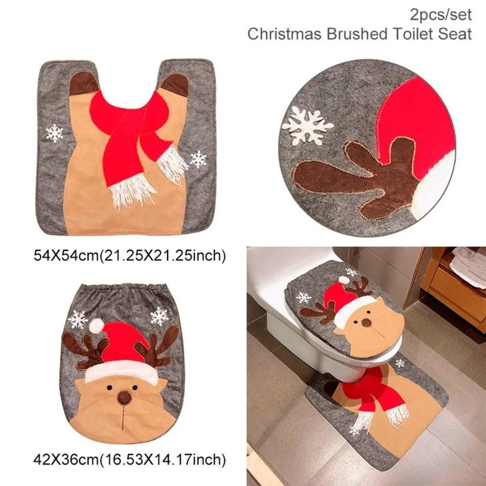 Christmas bathroom decoration set with toilet cover, floor mat and shower curtain in festive designs