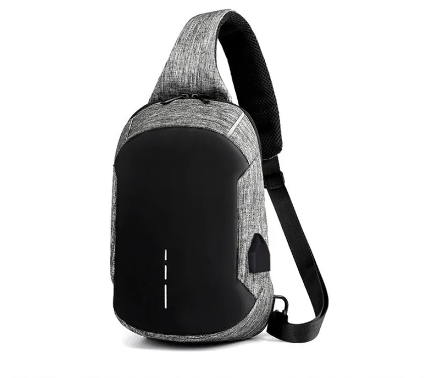 Dark blue waterproof Oxford cloth chest bag with zipper opening showing internal mobile phone compartment